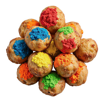 Fried dough balls snacks carnival food isolated on a transparent background with vibrant neon sugar for festive treats
