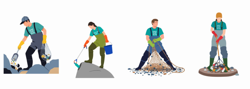 Set of illustrations depicting volunteers cleaning up plastic waste and marine debris from shorelines and water bodies using professional equipment.