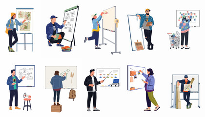 Fototapeta premium A collection of flat vector illustrations featuring diverse creative professionals brainstorming, planning, and presenting ideas on whiteboards and flip charts.