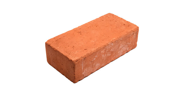 Single red clay building brick block angle view isolated on transparent background