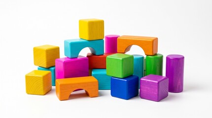 Naklejka premium Colorful Wooden Building Blocks Stacked on White Background, Kids Play Education Concept