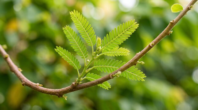 Green Phyllanthus Emblica Amala leaves and branch with soft focus green background