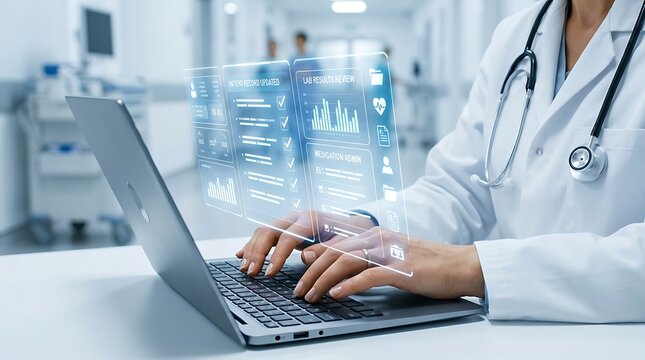 Doctor using laptop with futuristic holographic medical interface for patient record review