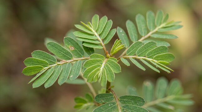 Green Mimosa Pudica Plant Leaves Macro Close-up, Sensitive Plant Foliage