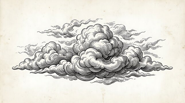 Vintage Engraving Illustration of Fluffy Cumulus Clouds on Aged Parchment Paper Background Style