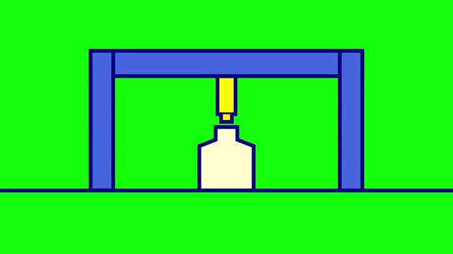 Minimalist 2D vector illustration of a blue goalpost frame over a vibrant green field with a centered object resembling a trophy or chemical bottle with a yellow cap and blue liquid.