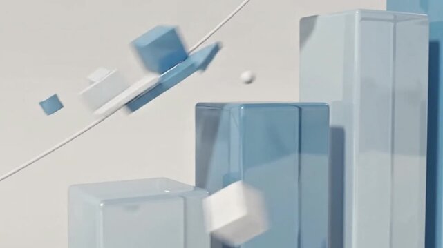 Abstract blue 3D glass bar chart and rising arrow showing business financial growth