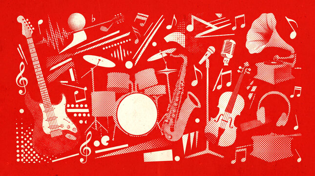 Retro Halftone Music Background with Musical Instruments