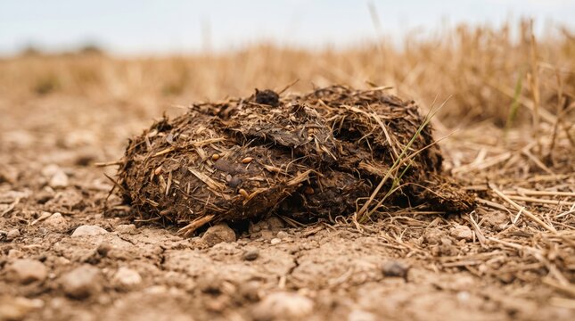 Cow dung on dry cracked earth in a rural farm field