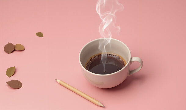 Steaming coffee and pencil on pink for cafe blog headers