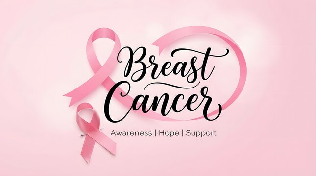 A beautiful artistic graphic design featuring a breast cancer awareness month pink ribbon symbol with elegant calligraphy lettering on a soft light pink background backdrop