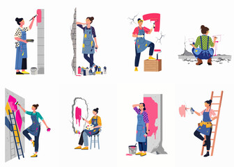 Fototapeta premium Collection of flat vector illustrations depicting a woman engaged in various wall painting and home renovation activities using different tools.
