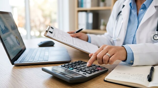 Doctor calculating medical expenses and analyzing financial charts on laptop