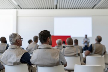Obraz premium Construction workers in reflective vests sitting in a professional classroom, facing a blank projection screen mockup for corporate training