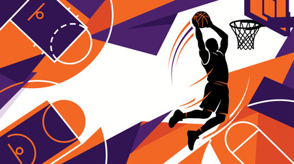 Dynamic silhouette of a basketball player performing a powerful slam dunk against a vibrant purple and orange abstract geometric court background for a Banner Template © D Studio Stock