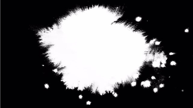 Abstract white ink splatter on a black background for artistic design.