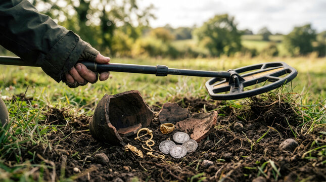 Metal Detector Searching Excavated Ground with Ancient Coins and Jewelry Discovery