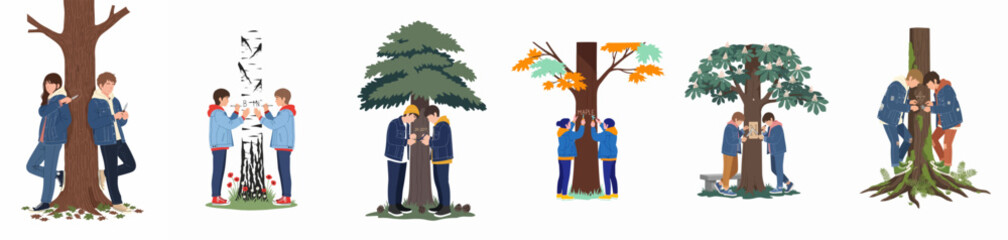 Obraz premium A collection of illustrations featuring two boys interacting with various trees, symbolizing friendship, nature bonding, and environmental awareness in different seasonal settings.