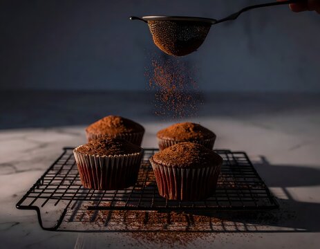 Rich Chocolate Muffins Being Dusted with Cocoa Powder on a Cooling Rack
