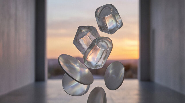Floating frosted glass prisms and matte ceramic discs arranged in a bright modern interior space