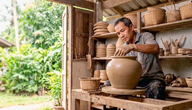 Southeast Asian potter shaping a handmade clay vessel on a traditional pottery wheel
