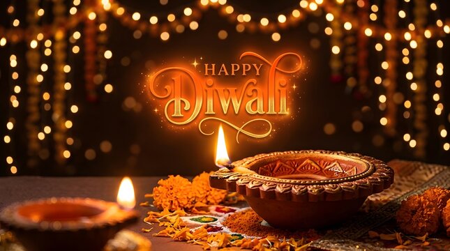 Happy diwali celebration with glowing diya and lights