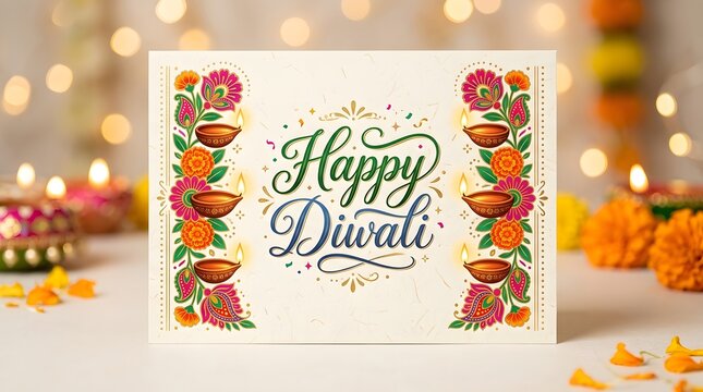 Happy diwali greeting card with traditional diya lamps
