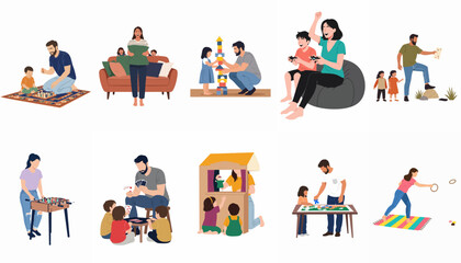 Fototapeta premium Set of flat vector illustrations showing parents and children playing together, engaging in various indoor and outdoor activities for quality family time.