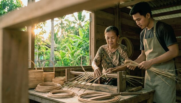 Two generations of Southeast Asian artisans sharing traditional craft skills in a tropical workshop