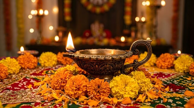 Decorative brass diya lamp with marigold flowers for diwali