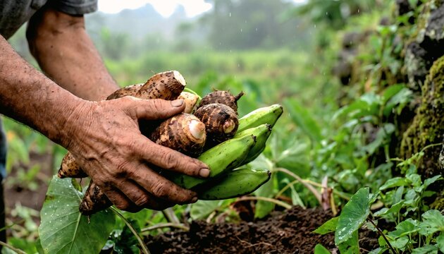 Farmer holding freshly harvested tropical vegetables after rainfall in a rural field