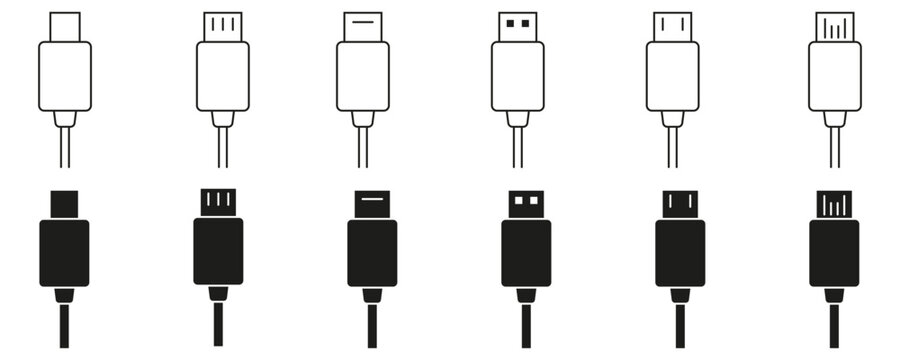 USB Cable Plug Types Vector Icon Set for Mobile Charging and Electronic Device Connectivity