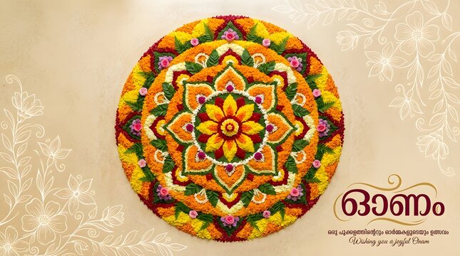 Onam pookalam floral rangoli design with festive greeting