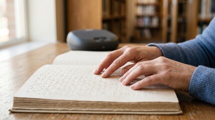 Fototapeta premium Braille book reading by visually impaired person. Close up of hands touching raised dots on tactile pages in a library. Educational resource for blindness and accessibility inclusion photo