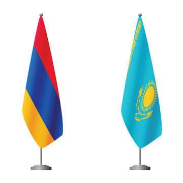 Armenia and Kazakhstan flags on flagpoles for official ceremonies and meetings, transparent background vector