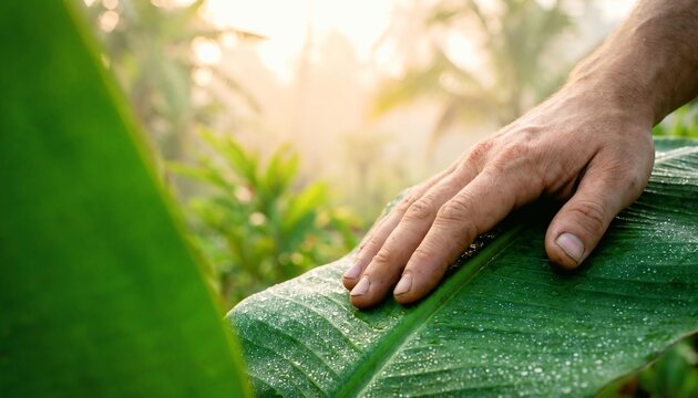 Young farmer touching dew covered tropical leaf in a misty morning garden