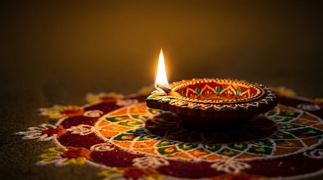 Diwali diya lamp on colorful rangoli pattern