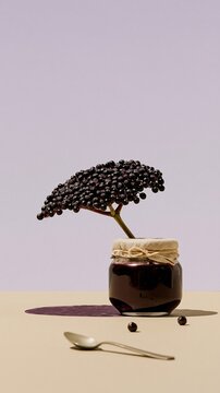 Oversized black elderberry umbel standing upright next to a glass jar of syrup, featuring a clean purple background with copy space for herbal supplement advertising