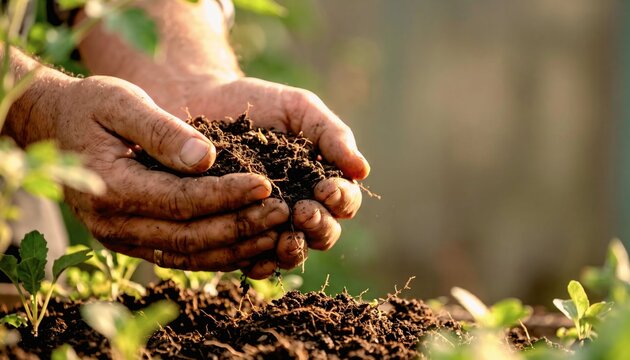 Gardener holding rich fertile soil beside young seedlings in a natural garden