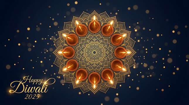 Happy diwali 2025 greeting with golden diya lamps mandala