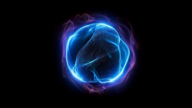 Energy sphere with radiating waves and morphing digital network grids and surrounding waves of energy. Conceptual visualization representing AI, quantum computing