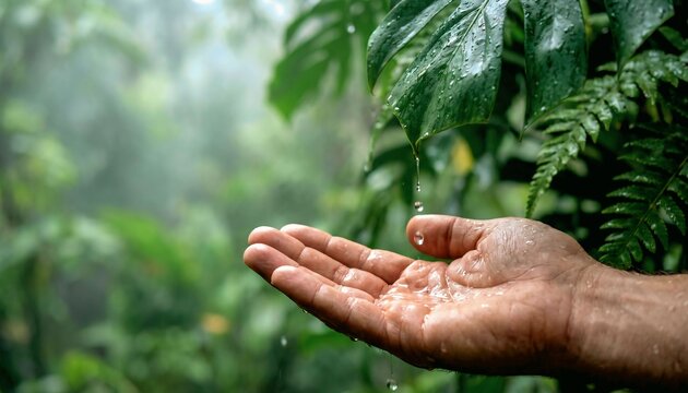 Open palm receiving fresh tropical rainwater beneath a lush green canopy