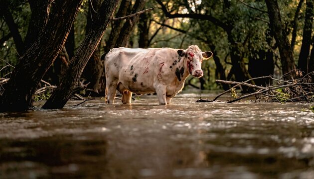 Bleeding dark white cow with wood scratches stranded in flooded forest environment