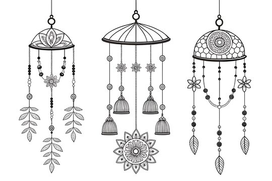 Black and white hanging dreamcatcher style wind chimes set