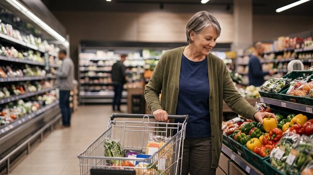 A senior woman smiles while selecting fresh peppers in a grocery store.