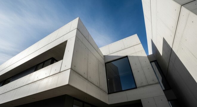 Modern architectural building with geometric concrete facade against blue sky.