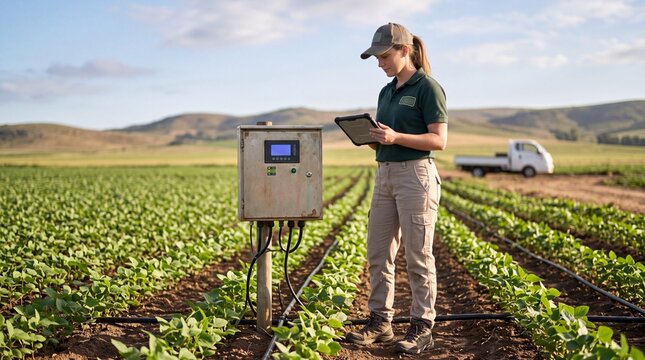 A female farmer monitors a smart irrigation system in a field.