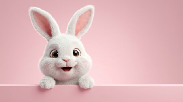 Cute Easter bunny illustration peeking over a pink wall with copy space.
