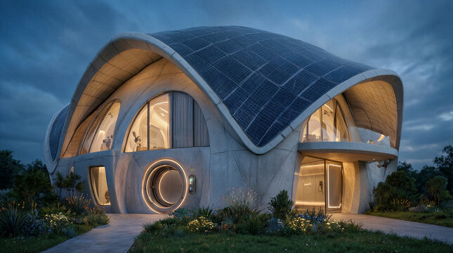 Futuristic smart dwelling exterior at blue hour featuring hyperbolic paraboloid roof clad in flexible photovoltaic membrane with subtle grid