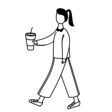Minimalist line art of woman walking with coffee cup illustration vector. Morning routine illustration.